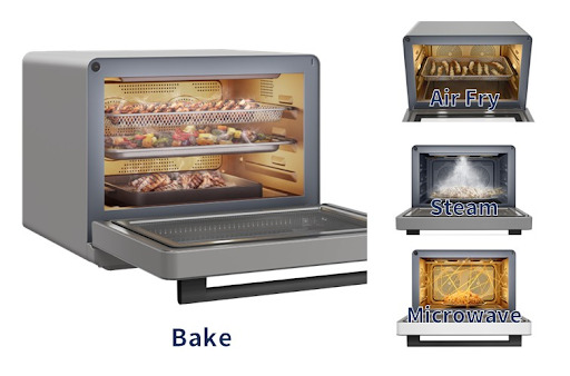 versatile 4-in-1 countertop oven demonstrating its four distinct cooking modes: bake, air fry, steam, and microwave.