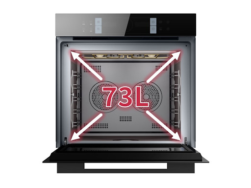Front interior view of an open built-in oven with graphic arrows and red text emphasizing its large 73-liter capacity, featuring dual convection fans at the back of the cavity.