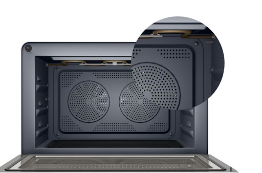 Interior view of a countertop convection oven featuring a close-up of the dual circulation fans and upper heating elements.