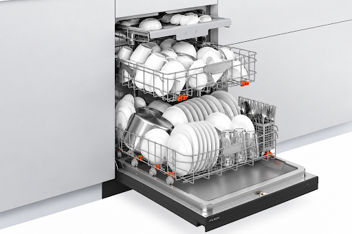 Overloaded dishwasher rack with dishes placed too closely together, preventing proper water circulation and drying performance