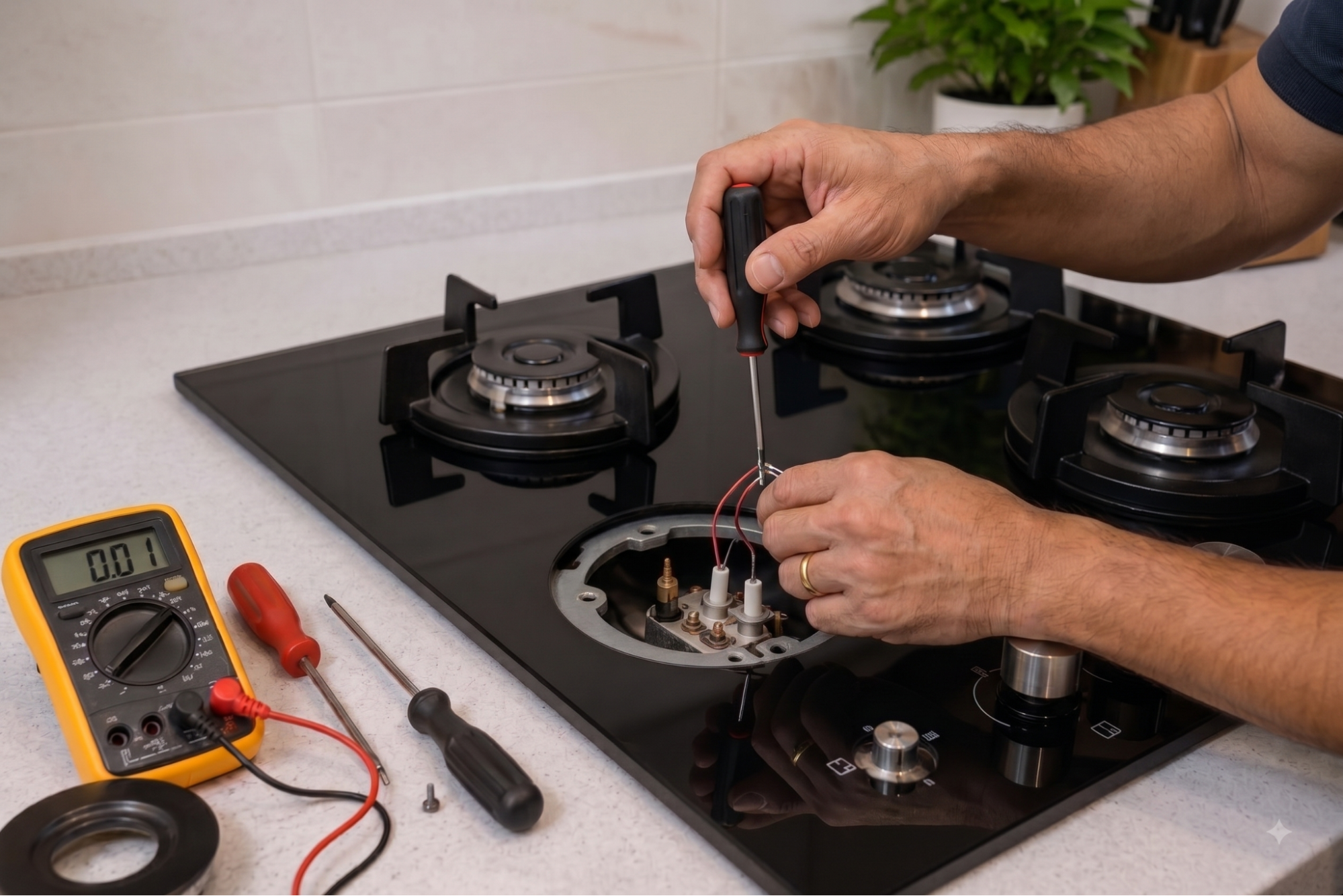 Technician repairing gas hob igniter and checking electrical connections