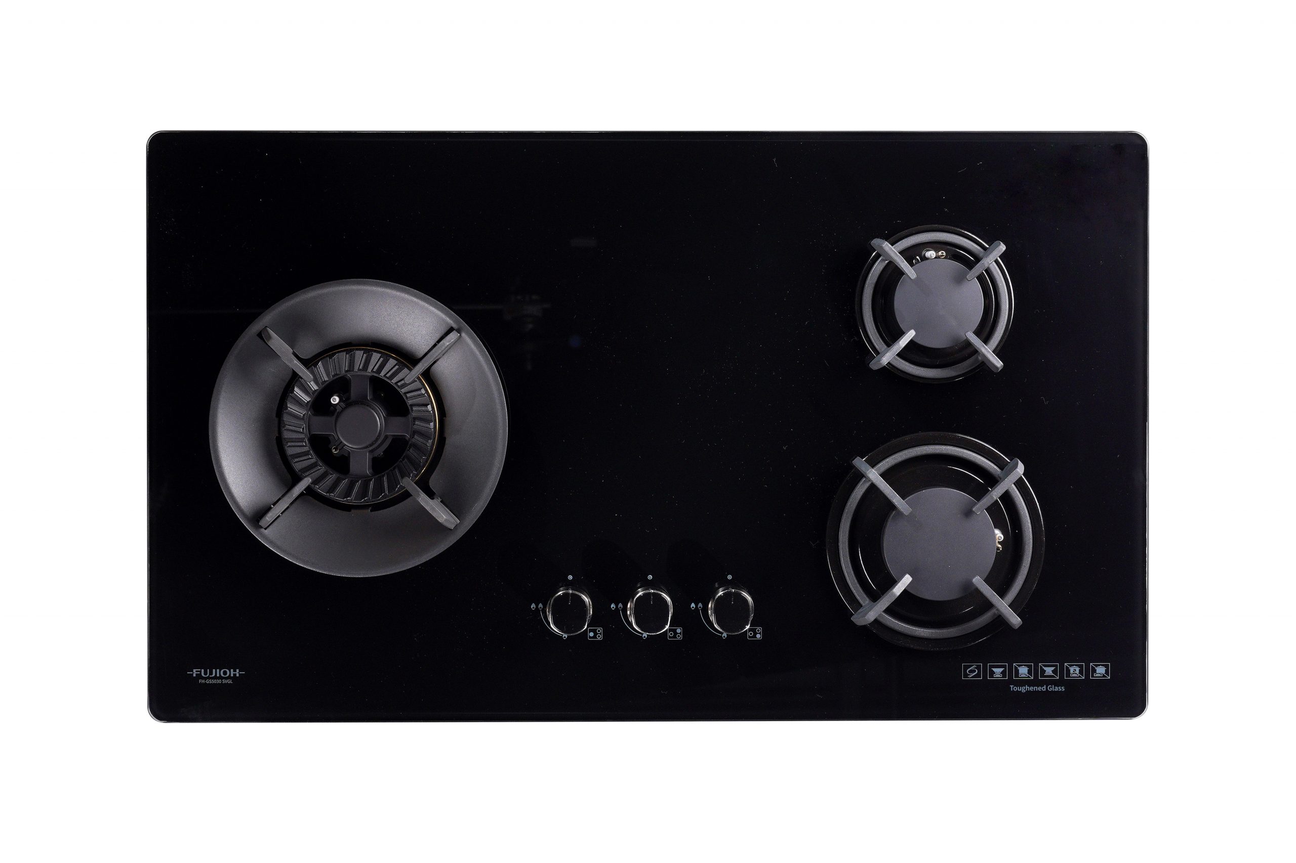 Black Glass Gas Hob with 3 Different Burner Size