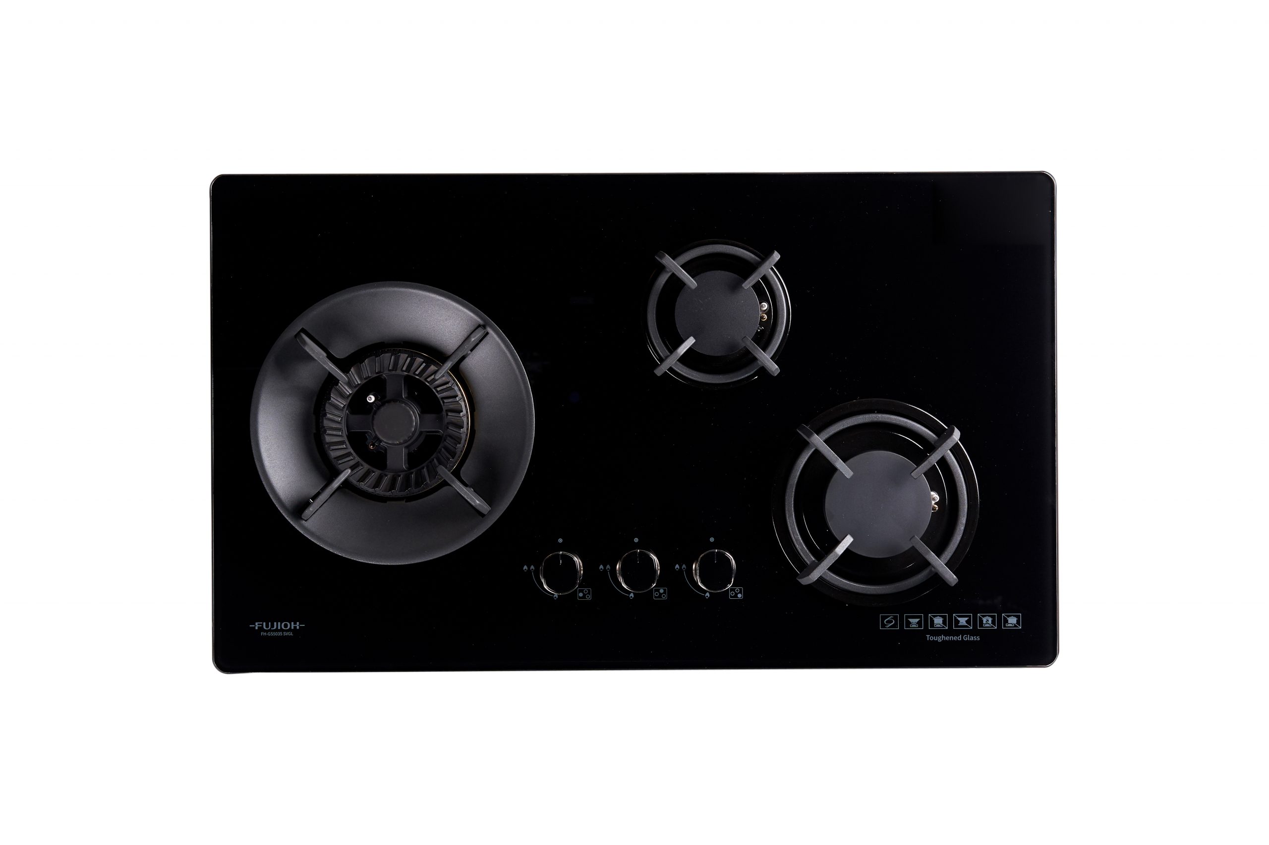 Black Glass Gas Hob with 3 Different Burner Size